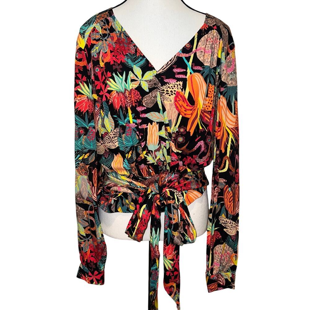 Michelle Morin Anthropologie Colorful Floral Surplice Tie Waist Blouse Size S - Picture 2 of 12
